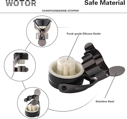 WOTOR Champagne&Wine Bottle Stoppers Stainless Steel with Food Grade Silicone, Leak Proof Keep Fresh Reusable Saver, Cork Suitable for Wine, Champagne, Cava, Prosecco and Sparkling (6 Pack Black）