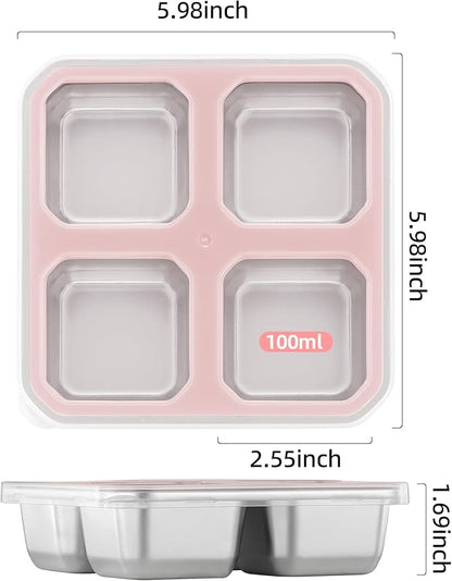 BEFOY 4 Pack Stainless Steel Snack Containers with Lids 4 Compartment Food Storage Containers for Adults Meal Prep Reusable for work or going out.(pink, 4)