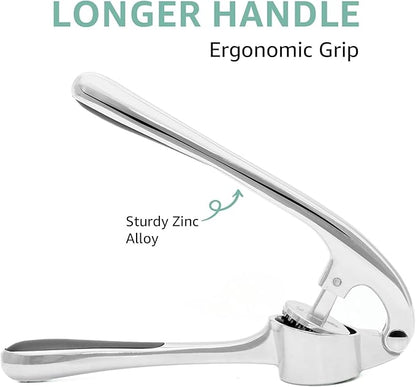 GD Premium Garlic Press Set – Rust-Proof Stainless Steel Garlic Mincer Tool – Easy-Squeeze, Easy-Clean with Soft Ergonomic Handle – Dishwasher Safe, Includes Silicone Peeler & Brush (Imperial Silver)