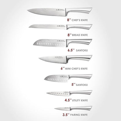 Cuisine::pro Damashiro 8-Piece Satori Knife Block - Japanese Steel Knife Set with Acacia Wood Knife Block -Damascus-Inspired Blade