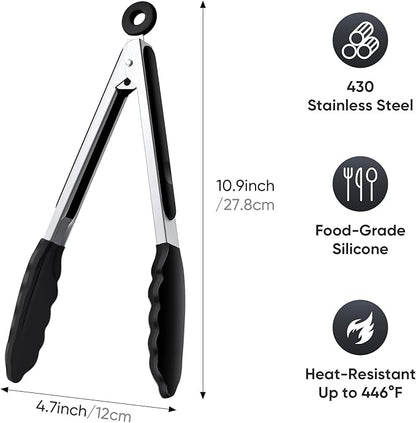 9 Inch Kitchen Tongs, Cooking Tongs with Silicone Tips and Stainless Steel Handle, Non Stick Heat Resistant Tongs for Cooking, Buffet, Salad Serving (9", Black)