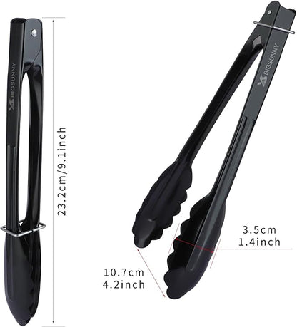 MSY BIGSUNNY 9 Inch Kitchen Food Tongs, Buffet Tongs, Serving Tongs, Black Aluminum Tongs - Set of 3