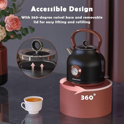 Retro Electric Kettle, 1.7L Stainless Steel Tea Kettle with Large Temperature Gauge, 1500W Fast Heating Hot Water Boiler with LED Indicator, Auto Shut-off & Boil-Dry Protection-Reteo Black