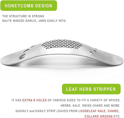 Garlic Press Rocker & Leaf Herb Stripper, Silicone Roller Peeler, Bottle Opener, Stainless Steel Garlic Crusher Chopper Squeezer Slicer Mincer
