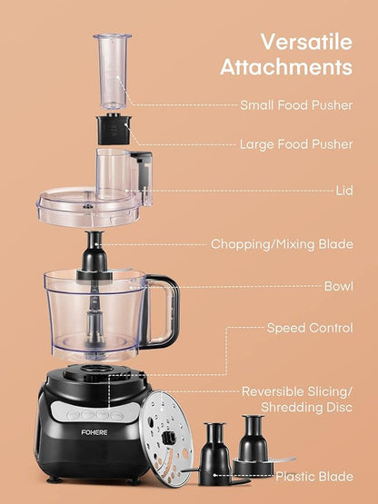 FOHERE Food Processor, 12 Cup, 2-in-1 Feed Chute Vegetable Chopper & Meat Grinder for Mincing, Dicing, Shredding, Puree & Kneading Dough, Stainless Steel