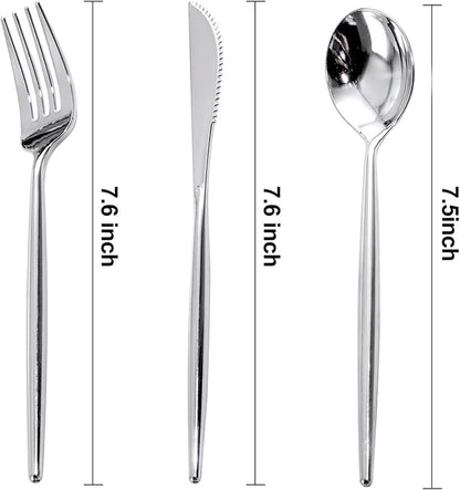 Rubtlamp 180 Pcs Silver Plastic Silverware, Silver Utensils Heavy Duty, Elegant Plastic Cutlery, Fancy Disposable Flatware, Forks Spoons and Knives Set For Party Mother's Day
