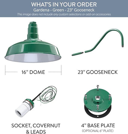 Steel Lighting Co. Gardena Barn Light | Outdoor Wall Mounted | 16" Dome | 23" Gooseneck | Farmhouse Light Made in America | Green Exterior/White Interior