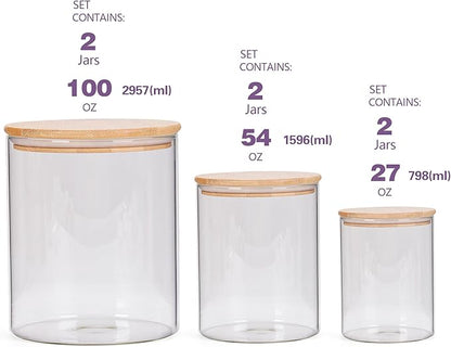 Glass Storage Containers with Lids, Glass Jars with Bamboo Lids, Large Food Storage Jar, Sugar, Pantry Storage Container for Pasta Rice Flour Oats Nuts Tea Spice (Round 27oz*2+54oz*2+100oz*2)