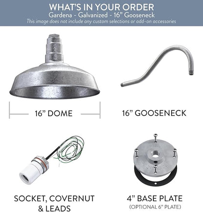 Steel Lighting Co. Gardena Barn Light | Outdoor Wall Mounted | 16" Dome | 16" Gooseneck | Farmhouse Light Made in America | Galvanized Exterior/Galvanized Interior