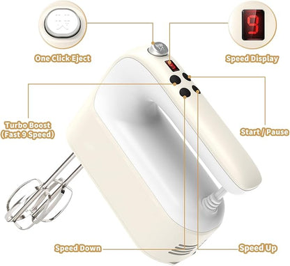 9-Speed Digital Hand Mixer Electric, 400W Powerful DC Motor, Baking Mixer Handheld with Snap-On Storage Case, 5 Stainless Steel Accessories, Flat Beaters, Dough Hooks, Whisk (Cream White)