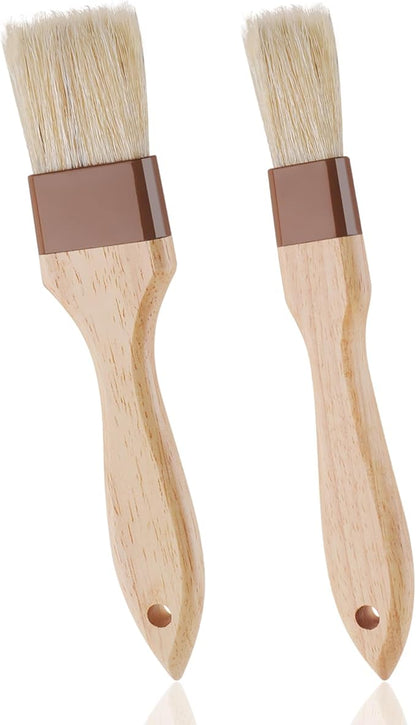 2 Pcs Natural Bristle Pastry Brush, Beech Wooden Handle Basting and BBQ Brushes for Cooking, Butter, Oil, Marinade, Grilling & Baking, Kitchen Food Brush (1 inch & 1.5 inch)