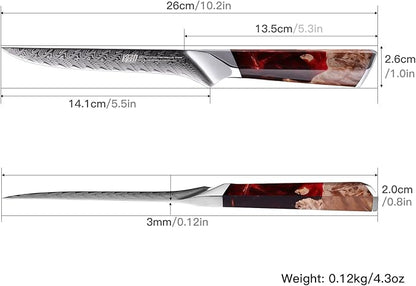 FINDKING Nebula Series Boning Knife, Versatile Deboning Knife, 10Cr15CoMov Damascus Steel Blade, Resin and Figured Sycamore Handle, Full Tang, 5.5 Inch, Red, for Skinning, Removing Fat, Filleting