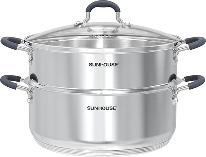 SUNHOUSE - 5.5 Quart Steamer Pots With Lid 2-Tier Multipurpose Stainless Steel Steaming Pot Cookware With Handle For Vegetable, Dumpling, Sauce, Food - Triple Bottom, Measurement Line