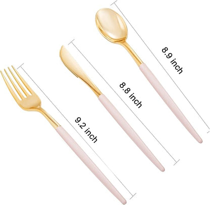 I00000 300 Pack Gold Silverware with Pink Handle, Pink Plastic Utensils Set, Disposable Cutlery include100 Forks, 100 Knives, 100 Spoons,Plastic Cutlery Set for Wedding & Party