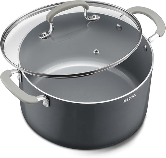 6 Quart Nonstick Stock Pot with Lid, BEZIA Ceramic Soup Pot with Lid, Induction Cooking Pots with Silicone Handle, Compatible with All Cooktops, Dishwasher Safe