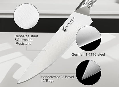 Livtek Knife Set with Block - Kitchen Knife Set German High-Carbon Stainless Steel with Built-in Sharpener - Full Tang Ergonomic Handle - Anti-Rust & Ultra Sharp - 15-Piece Set, Galaxy Series