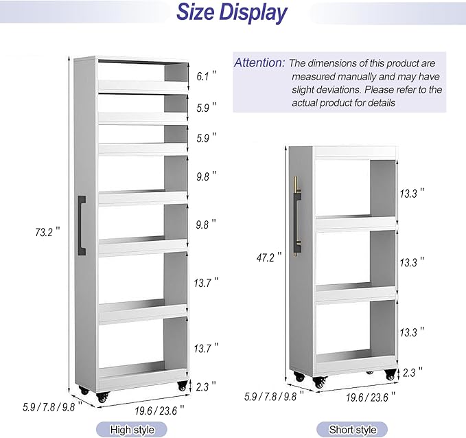 7-Tier Slim Storage Cart, Wooden Rolling Pantry Cabinet with Wheels, Narrow Shelf Organizer for Kitchen, Bakers Rack, Dining Room, Closet, Small Spaces Warm White 73.2''H*9.8''W*19.6''D