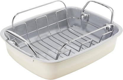 KITESSENSU Nonstick Turkey Roasting Pan with Rack 17 x 14 inch - Large Chicken Roaster Pan for Oven - Wider Handles & Heavy Duty Construction - Suitable for 24lb Turkey, Cream