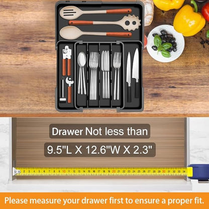 Homecor Silverware Organizer Expandable Kitchen Drawer Organizer with 7 Slots, BPA Free Cutlery Utensil Drawer Organizer, Kitchen Utensil Storage Tray for Forks Knives Spoons, Anti-Slip, Black