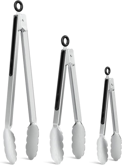 NileHome Tongs for Cooking, Professional Stainless Steel Cooking Tongs – Heat-Resistant for Grilling, BBQ, Serving Salad, Pasta, and Kitchen Use, Dishwasher Safe, Set of 7" 9" 12", Silver