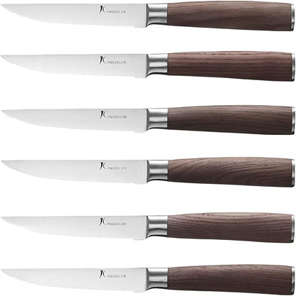 Natura Series 4.5” Serrated Steak Knife Set of 6, High Carbon Stainless Steel, Wooden Handle