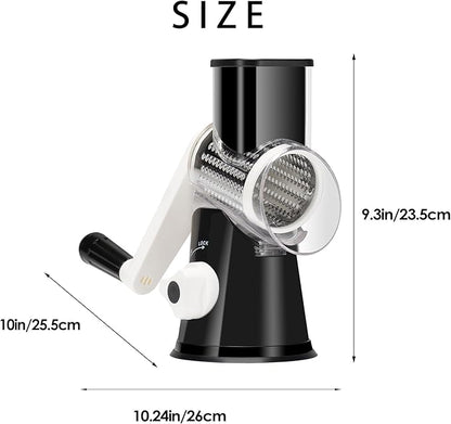 Cheese Grater Hand Crank, Rotary Vegetable Shredder with Handle and Strong Suction base, 3 in 1 Kitchen Speed Spin Veggie Slicer Nut Grinder for Pizza Top, Hash brown, Salad and More (Black)