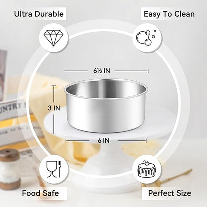 Leonyo 6 Inch Cake Pans, Stainless Steel Round Cake Baking Pans Set of 2, 6” x 3” Deep Baking Tins for Even Heating, Non Toxic & Healthy, Heavy-Duty, Dishwasher Safe