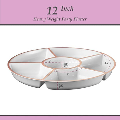 Plasticpro 6 Sectional Round Plastic Serving Tray/Platter (2, White & Rose Gold)