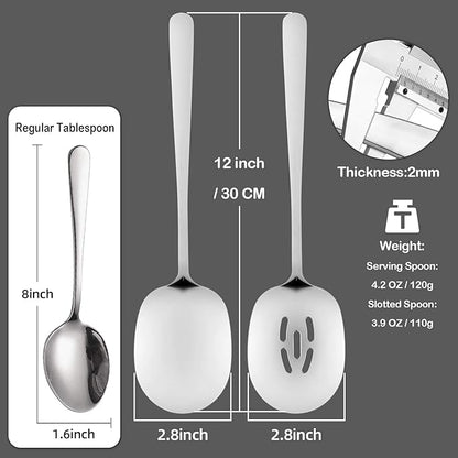 SOLEADER Extra Large Serving Spoons Set, 12 Inch Slotted Spoon and Serving Spoon, Premium Spoons Silverware, Cooking Spoon, Pasta Spoon, Mixing Spoon, Foodgrade 18/8 Stainless Steel, Pack of 2