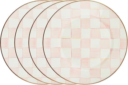 MACKENZIE-CHILDS Enamel Dinner Plate, Decorative Dinnerware Plate, 10 Inches, Set of 4, Pink-and-White Rosy Check