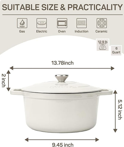 6 QT Dutch Oven Pot with Lid, Enameled Cast Iron Dutch Oven for Bread Making, Braiser, Cooking, Dual Handles, Oven Safe up to 500° F or on Stovetop, Gifts for Family - Off White