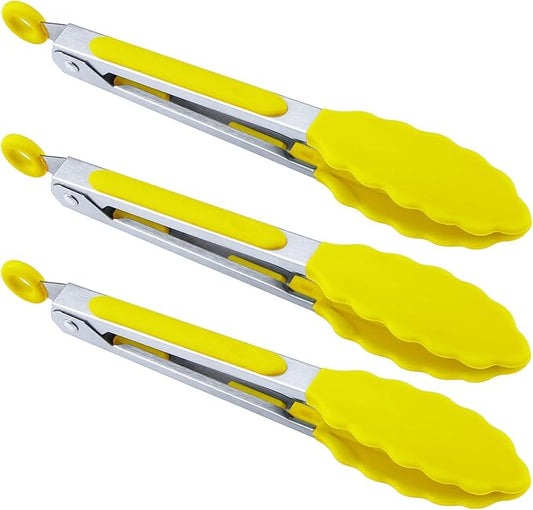 MSY BIGSUNNY Kitchen Food Tongs with Silicone Tips,7 Inch Serving Tongs for Grilling,Locking,BBQ Set of 3 (Yellow)