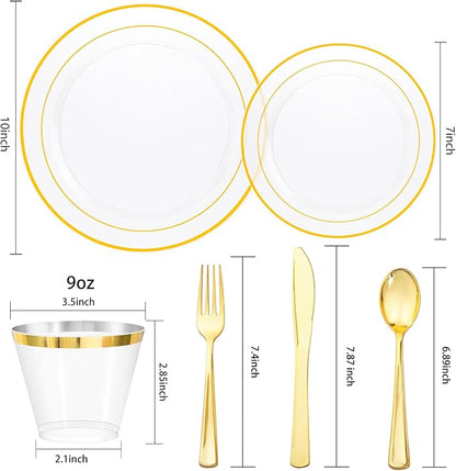 bUCLA 150Pcs Clear Gold Plastic Dinnerware Set - Clear and Gold Disposable Plates Include 25 Dinner / 25 Dessert Plates,25 Knives,25 Forks,25 Spoons,25 Cups for Party, Fall & Thanksgiving