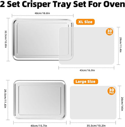 Air Fryer Basket, 2 Set Air Fryer Pans and Tray for Oven with 60 PCS Parchment Papers, DEGOVIN Non-stick Stainless Steel Oven Air Fryer Basket and Tray-18.8" x 12.8"Extra Large &15.7" x 11.6"Large