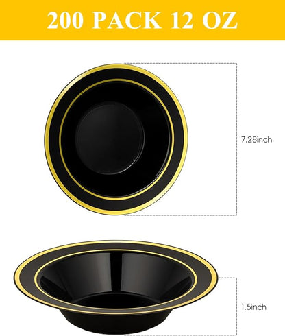200 Pack Black Disposable Bowls with Gold Rim, 12oz Black Plastic Soup Bowls for Party, Wedding, Holiday,And Halloween