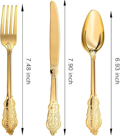 N9R 300pcs Gold Plastic Silverware Dinnerware Flatware- Heavyweight Plastic Cutlery Set, 100 Forks, 100 Spoons, 100 Knives, Gold Utensils for Party, Thanksgiving, Christmas