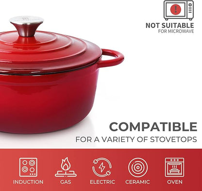 Trustmade 4.5 QT Cast Iron Dutch Oven, Enamel Coated Cookware Pot with Self Basting Lid for Home Baking, Braiser, Cooking, Red