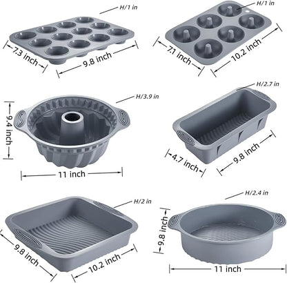 Nonstick Silicone Bakeware Set, 6 set Baking Cake Pan, Economical BPA Free Heat Resistant Bakeware Tools for DIY Loaf Bread Cheesecake Pizza Cupcake Muffin (Gray)
