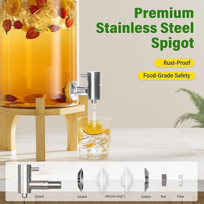 1.2 Gallon Glass Drink Dispenser For Parties, Beverage Dispenser With Bamboo Wood Stand And Stainless Steel Spigot, Countertop Water Dispenser, Lemonade Dispenser For Wedding, Picnic (2PACK)