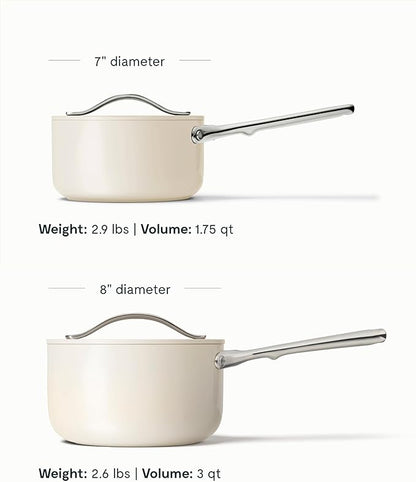 Caraway Nonstick Ceramic Sauce Pan with Lid (1.75 qt) - Non Toxic, PTFE & PFOA Free - Oven Safe & Compatible with All Stovetops (Gas, Electric & Induction) - Cream