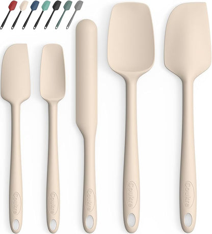 Coukre Silicone Spatula Set of 5,High Heat Resistant, Food Grade Silicone, Upgraded Extended Reinforced Handle,Dishwasher Safe, for Baking, Cooking (Pure Beige, Solid color)