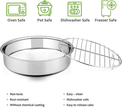 E-far Round Cake Pan with Rack Set, 9½-inch Stainless Steel Cake Pans and Baking Cooling Racks, Non Toxic & Healthy, Mirror Polished & Dishwasher Safe - 4 Pieces (2 Pans + 2 Racks)