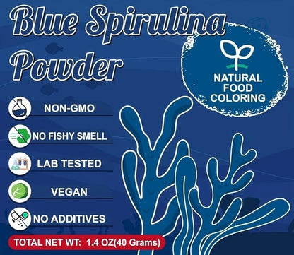 Blue Spirulina Powder - 40g Natural Blue Food Coloring, No Fishy Smell, 100% Vegan Phycocyanin Extract Spirulina Powder, Plant Based Food Dye for Cake Decorating, Smoothie, Baking, Drinks