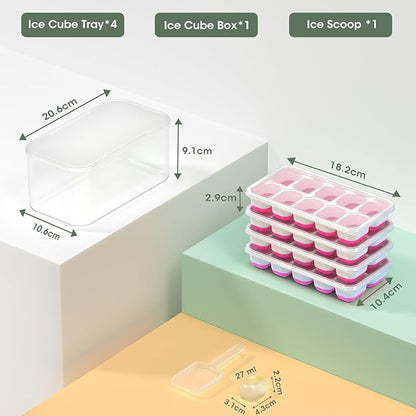 DOQAUS Ice Cube Tray with Lid and Bin, 4 Pack Silicone Plastic Ice Cubes Trays for Freezer with Box/Container, Stackable with Storage Iced Bucket Kits, Scoop, for RV, Soup, Food, Cocktail, Coffee