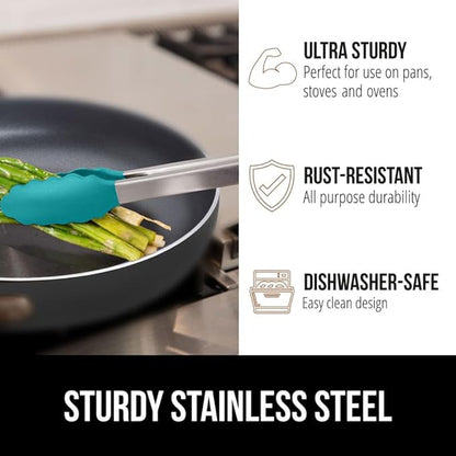GORILLA GRIP Stainless Steel Heat Resistant Kitchen Tongs for Cooking, Set of 2 BBQ Tong, Non Scratch Silicone Tip for Pans, Strong Grip, Grab Food, Salad, Air Fryer, Pull Lock, 7 + 9 Inch, Turquoise