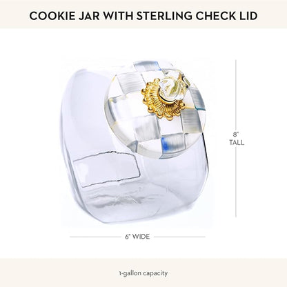 MACKENZIE-CHILDS Cookie Jar with Enamel Lid, Large Glass Treat Jar or Kitchen Jar, 1-Gallon Capacity, Gray-and-White Sterling Check