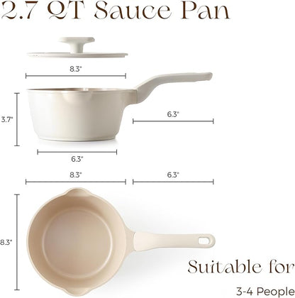 PRICUSIS Ceramic Nonstick Saucepan with Lid, 2.7 Quart Non Toxic Pot with Pour Spouts, Full Coated, 100% Dishwasher Safe, Induction Compatible & Oven Safe, PTFE PFAS & PFOA Free, Coconut White