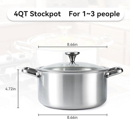 3QT Stock Pot, 316L Stainless Steel Stockpot with Lid, Professional Multi-Use Soup & Pasta Cooking Pot, Oven, Gas and Dishwasher Safe