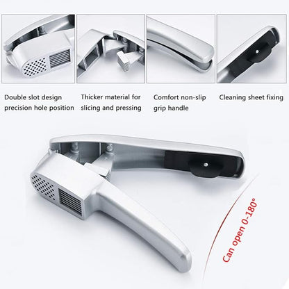 Garlic Press 2-in-1 Mincer, Crusher and Slicer with Peeler & Brush – Rustproof, Dishwasher Safe, Ergonomic Handle for Easy Squeeze and Cleaning