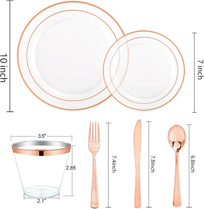 bUCLA 150PCS Clear Rose Gold Disposable Dinnerware set - Rose Gold Plastic Plates Include 25 Dinner / 25 Dessert Plates, 25 Knives, 25 Forks, 25 Spoons, 25 Cups for Party, Wedding & Mother's Day